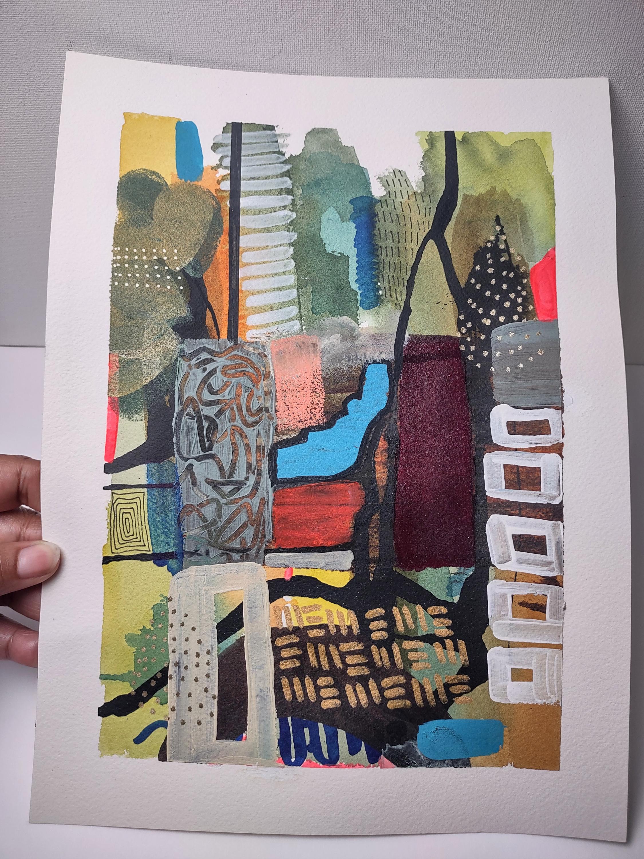 オリジナルミクストメディア絵画：カラフルな抽象画、9x12インチ