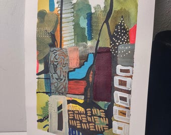 May include: Abstract watercolor painting on paper. The artwork features a collage of shapes and colors, including blue, green, red, and brown. The painting has a modern, geometric style with a variety of textures and patterns.