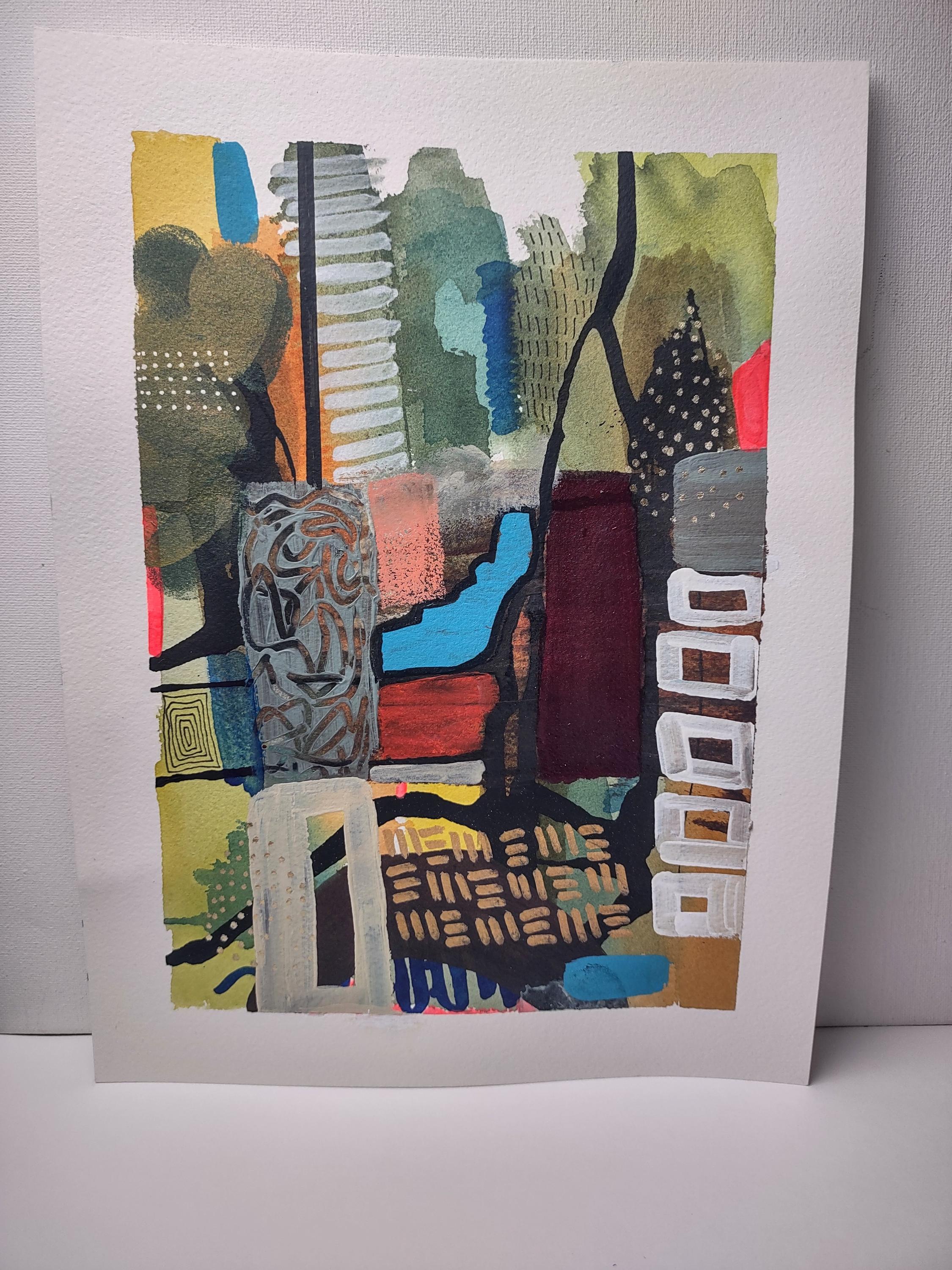 オリジナルミクストメディア絵画：カラフルな抽象画、9x12インチ