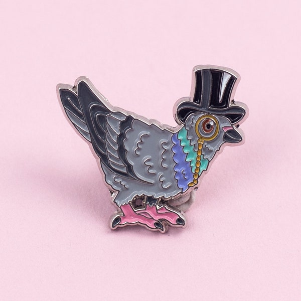 Pigeon Enamel Pin Badge - Birds in Hats Pigeon in a Top Hat Pin Badge, Lapel Badge, Hat Pin, Pigeon pin, Bird pin, Pigeon badge