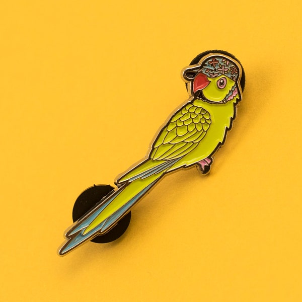 Parakeet Enamel Pin Badge - Birds in Hats Parakeet in a Cap Pin Badge, Lapel Badge, Hat Pin, Bird pin, Green Parrot, Ring Necked