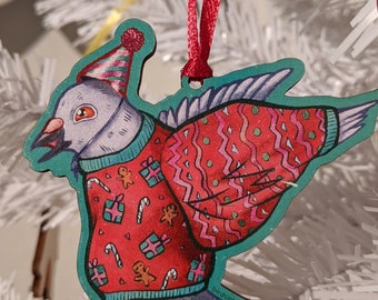 Pigeon in a Red Christmas Jumper / Sweater - Christmas Tree Decoration by Birds in Hats