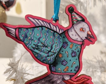 Pigeon in a Green Christmas Jumper / Sweater - Christmas Tree Decoration by Birds in Hats