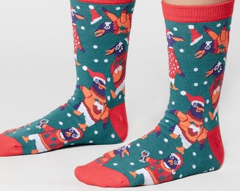 Birds in Hats 'Christmas Boozy Penguin' Socks, Red and Green Unisex Novelty Drunk Xmas Socks