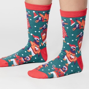 Birds in Hats 'Christmas Boozy Penguin' Socks, Red and Green Unisex Novelty Drunk Xmas Socks image 1