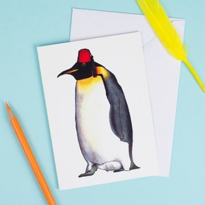 Manchot empereur dans un Fez : A6 oiseaux en carte de voeux de chapeaux