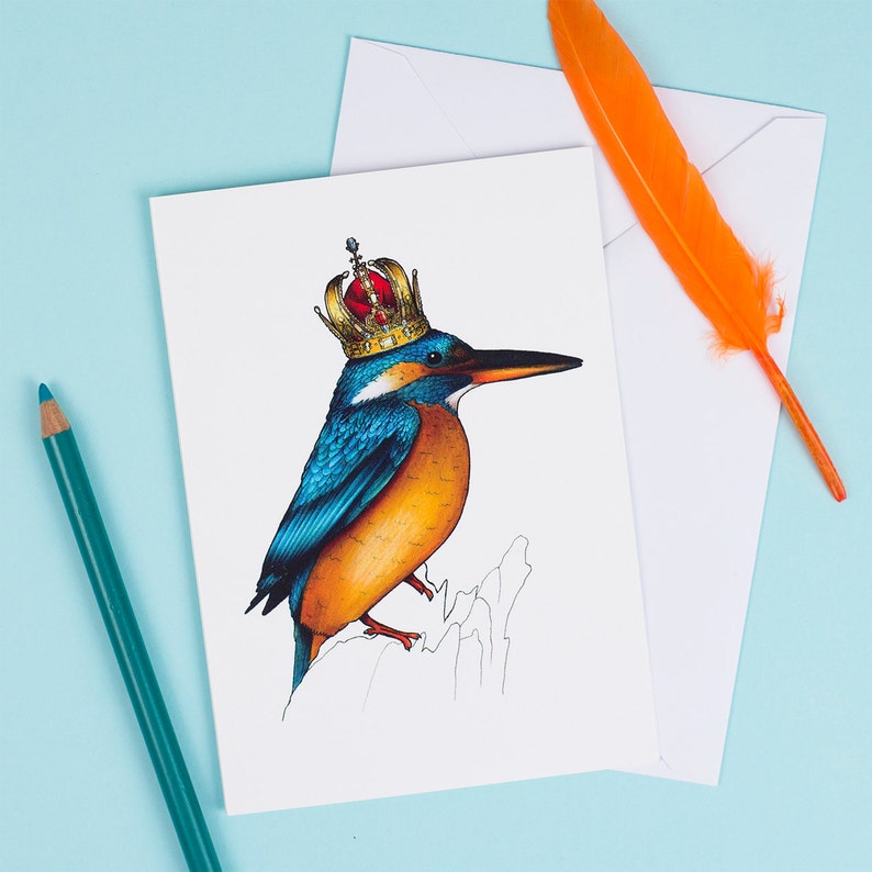 Kingfisher in a Crown: A6 Birds in Hats Greetings Card image 1