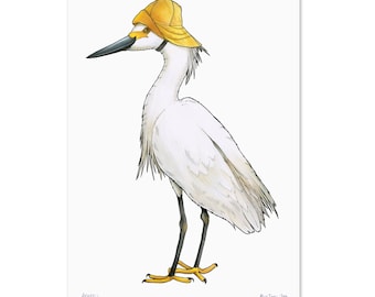 Little Egret in a Sou'wester - A3 Print