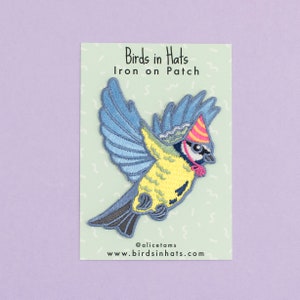 Blue Tit in a Party Hat Patch Iron on Embroidered Bird Patch Flying Bird in a Hat cute patch image 3