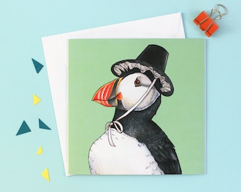 Puffin in a Welsh Hat: Square Tradtional Welsh Birds in Hats Greetings Card / Cerdyn Pâl