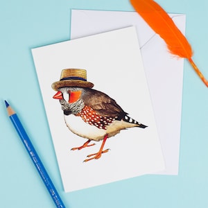 Diamant mandarin dans un canotier : carte de voeux A6 oiseaux dans des chapeaux