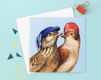 Nightingale & Lark in Elizabethan Dress: Square Romeo and Juliet Shakespeare Birds in Hats Greetings Card