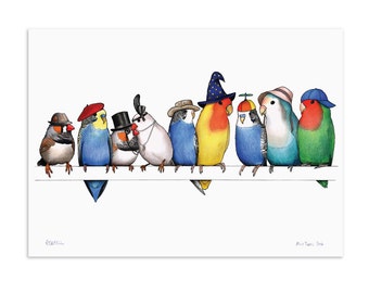 A Row of Little Birds in Hats - A3 Art Print