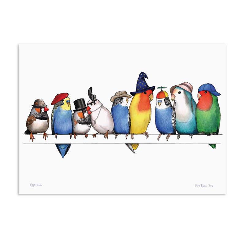 A Row of Little Birds in Hats A3 Art Print image 1