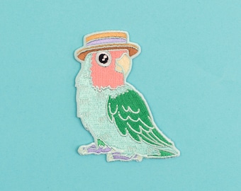Lovebird in a Boater Patch - Iron on Embroidered Bird Patch by Birds in Hats