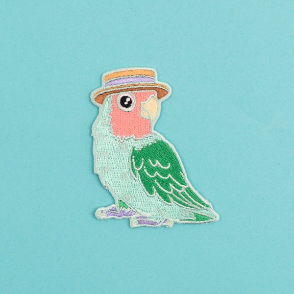 Lovebird in a Boater Aufnäher - Aufnäher vogel aufbügeln von Vögeln in Mützen