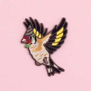 Goldfinch in a Party Hat Patch - Iron on Embroidered Bird Patch - Gold finch cute Birds in Hats patch wearing a Party Hat, Finch Pin