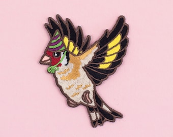 Goldfinch in a Party Hat Patch - Iron on Embroidered Bird Patch - Gold finch cute Birds in Hats patch wearing a Party Hat, Finch Pin