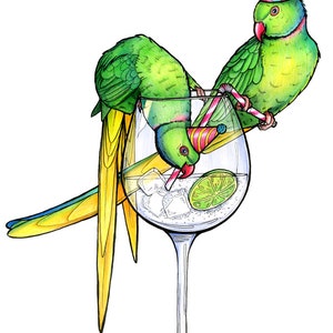 May include: Two green parrots with yellow tails wearing party hats are drinking from a tall glass of gin and tonic with a lime wedge and ice cubes.