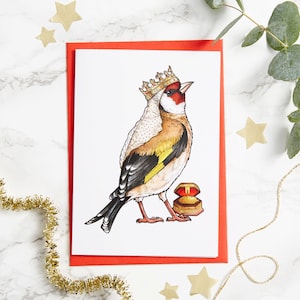 Goldfinch dans une carte de Noel de couronne : A6 oiseaux dans la carte de Noel de chapeaux, carte de finch, carte de chardonneret, carte d'oiseau de jardin, carte de trois rois sages