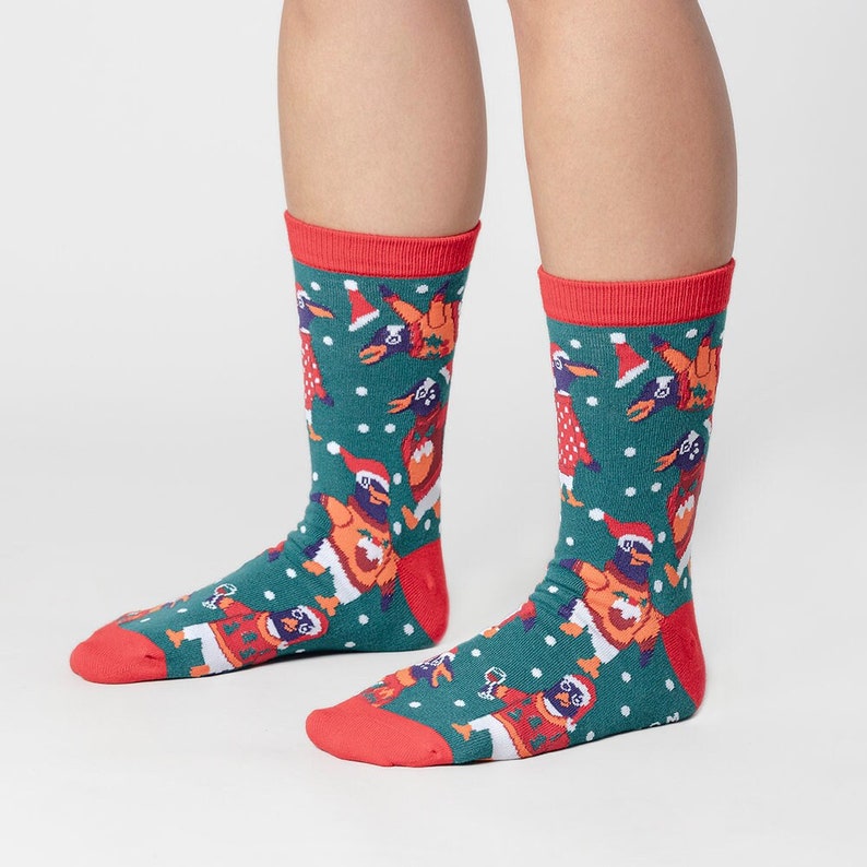 Birds in Hats 'Christmas Boozy Penguin' Socks, Red and Green Unisex Novelty Drunk Xmas Socks image 1