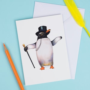 Pingouin dans un chapeau haut de forme : A6 oiseaux en carte de voeux de chapeaux