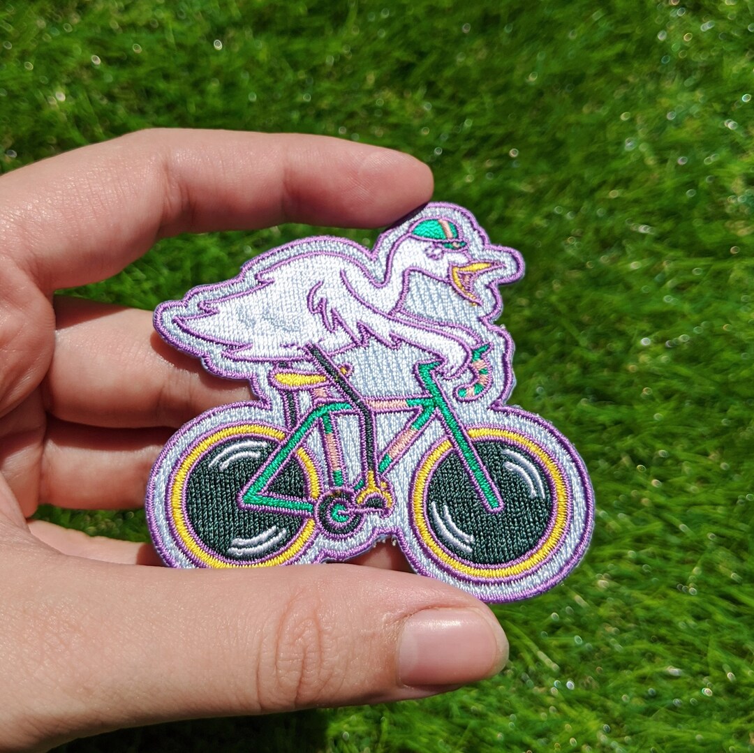 Egret on a Bike Patch Iron on Embroidered Bird Patch Little Egret