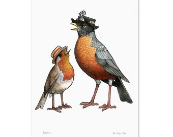 Robin Couple in hats - A3 Birds in Hats Print, European Robin print, American robin print, birder print, boater hats, robins print