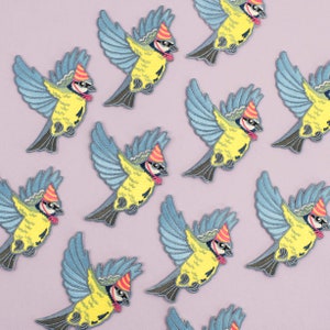 Blue Tit in a Party Hat Patch Iron on Embroidered Bird Patch Flying Bird in a Hat cute patch image 5