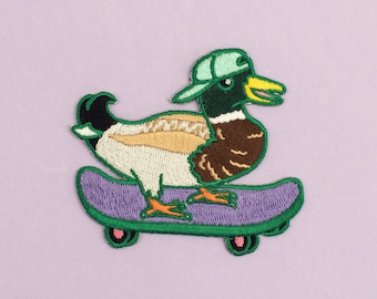 Mallard in a Cap on a Skateboard Patch - Iron on Embroidered Bird Patch - Skating Duck in a Baseball Cap Patch