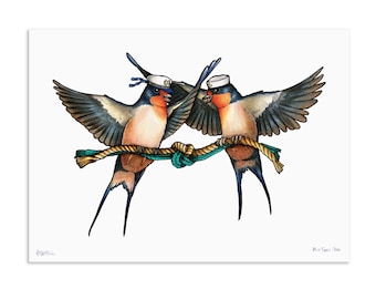 Swallow Couple in Sailor Hats Tying the Knot - A3 Print