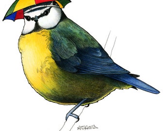 Blue Tit in an Umbrella Hat  - A4 archival quality print