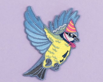 Blue Tit in a Party Hat Patch - Iron on Embroidered Bird Patch - Flying Bird in a Hat cute patch