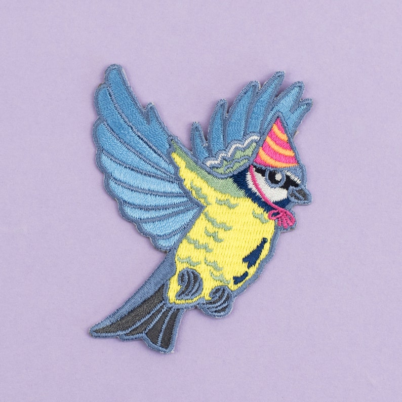 Blue Tit in a Party Hat Patch Iron on Embroidered Bird Patch Flying Bird in a Hat cute patch image 1