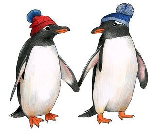 Penguins in Bobble Hats - A4 Print