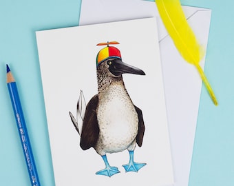 Blue Footed Booby in a Pinwheel Beanie: A6 Birds in Hats Greetings Card