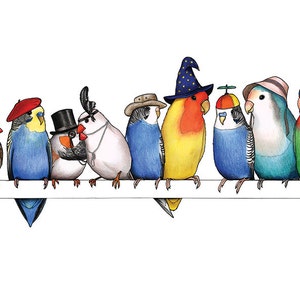 A Row of Little Birds in Hats A3 Art Print image 2