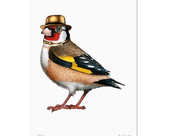 Goldfinch in a Gold Bowler and Bow Tie - A3 Print