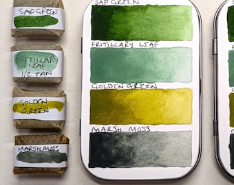 Foliage greens: handmade watercolour set of 4 green leaf hues ideal for plants/botanical art, made with vegan watercolor binder, 3 pan sizes
