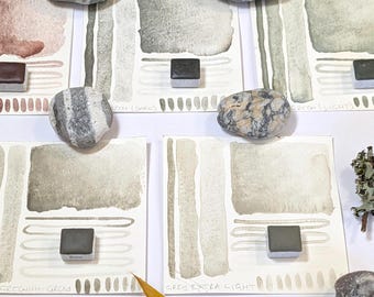 Slates: 5 different shades of green, grey, & violet slate PBk19 - handmade watercolour paint in 3 pan sizes, vegan watercolor binder