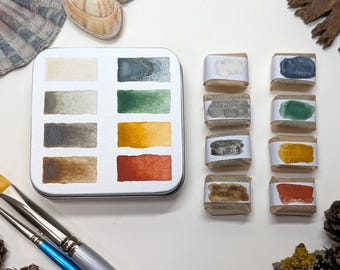 Earth colours set: 8 unique handmade natural earth & mineral pigment watercolour paints in half pans, made to order, vegan watercolor binder