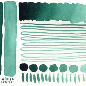 K&ouml;nnte beinhalten: Eine Aquarell-Farbkarte mit verschiedenen Gr&uuml;nt&ouml;nen, von dunkel bis hell. Die Karte ist mit "Phthalo Green Blueish (PG7)" beschriftet.
