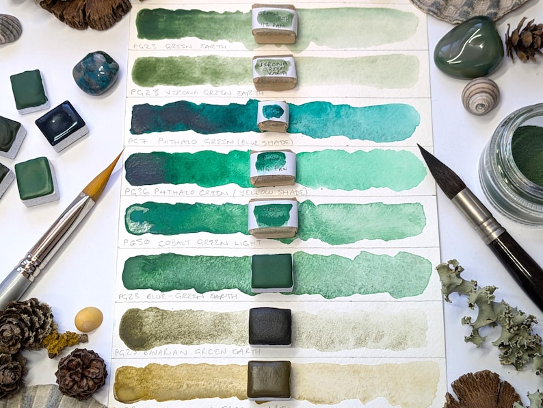 Green single pigments selection: includes green earths - individual pans of handmade watercolour paint in 3 sizes, vegan watercolor binder Bild 10