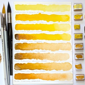 Yellow single pigments selection: incl ochre & pale orange individual pans of handmade watercolour paint in 3 sizes, vegan watercolor binder