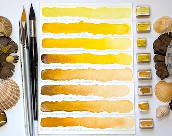 Yellow single pigments selection: incl ochre & pale orange individual pans of handmade watercolour paint in 3 sizes, vegan watercolor binder