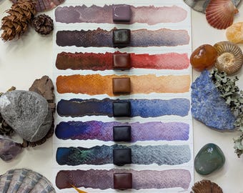 Warmth & sweetness: unique handmade watercolour paint set, 8 colours made with vegan watercolor binder, plain or swatch tin, in 3 pan sizes