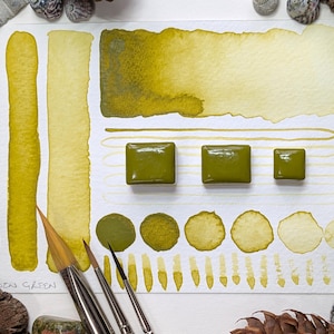 Golden green - a handmade green-gold watercolour paint, great for botanical art - hand-mulled watercolor in half or quarter pans - vegan