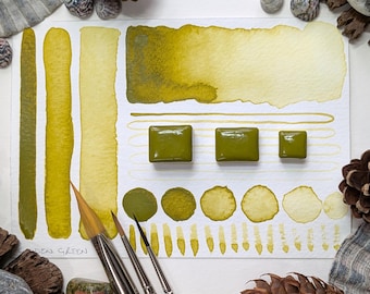 Golden green - a handmade green-gold watercolour paint, great for botanical art - hand-mulled watercolor in half or quarter pans - vegan