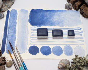 19 Blue: soft blue for mixing, a blend of ultramarine & slate. handmade watercolour paint in 3 pan sizes, made with vegan watercolor binder.