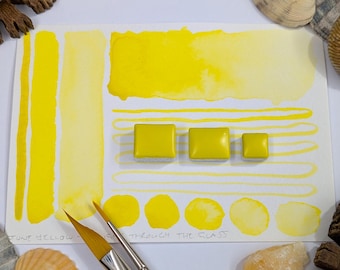 June pale yellow - sunlight thru grass: cool, slightly green-leaning yellow handmade watercolour paint. Watercolor in 3 pan sizes. Vegan